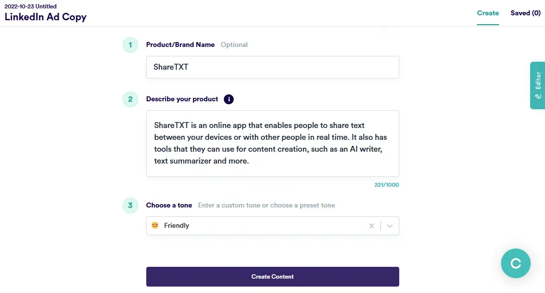 Copy.ai LinkedIn ad copy tool screenshot