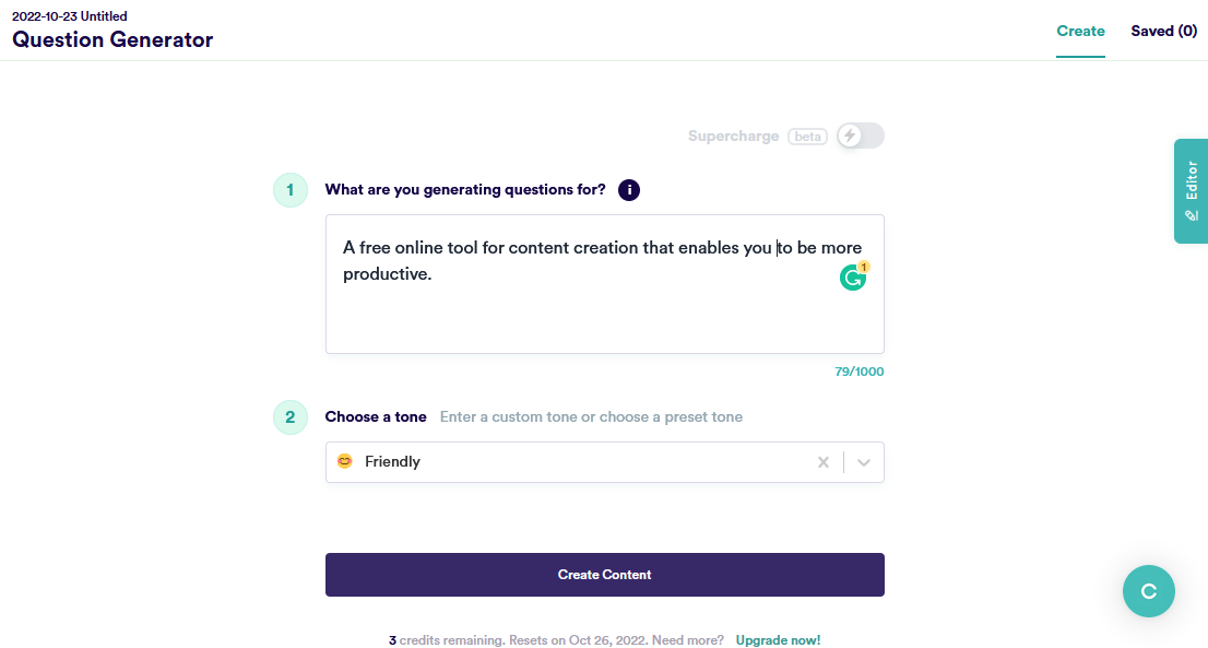 Copy.ai Question generator tool screenshot