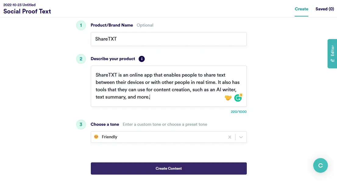 Copy.ai social proof text tool screenshot