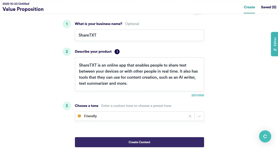 Copy.ai Value proposition tool screenshot