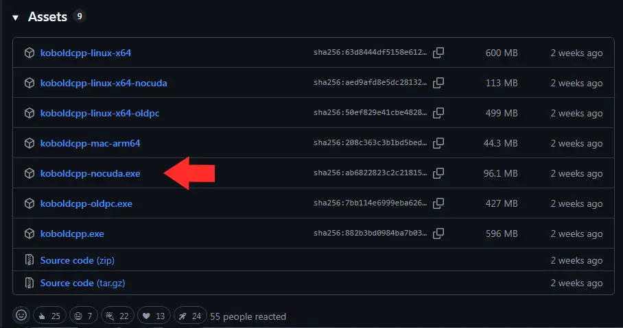 A screenshot showing the koboldcpp-1.112.2 nocuda file to download on github