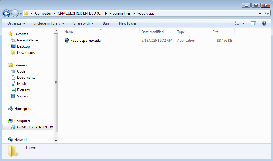 A screenshot showing KoboldCPP nocuda in the program files folder
