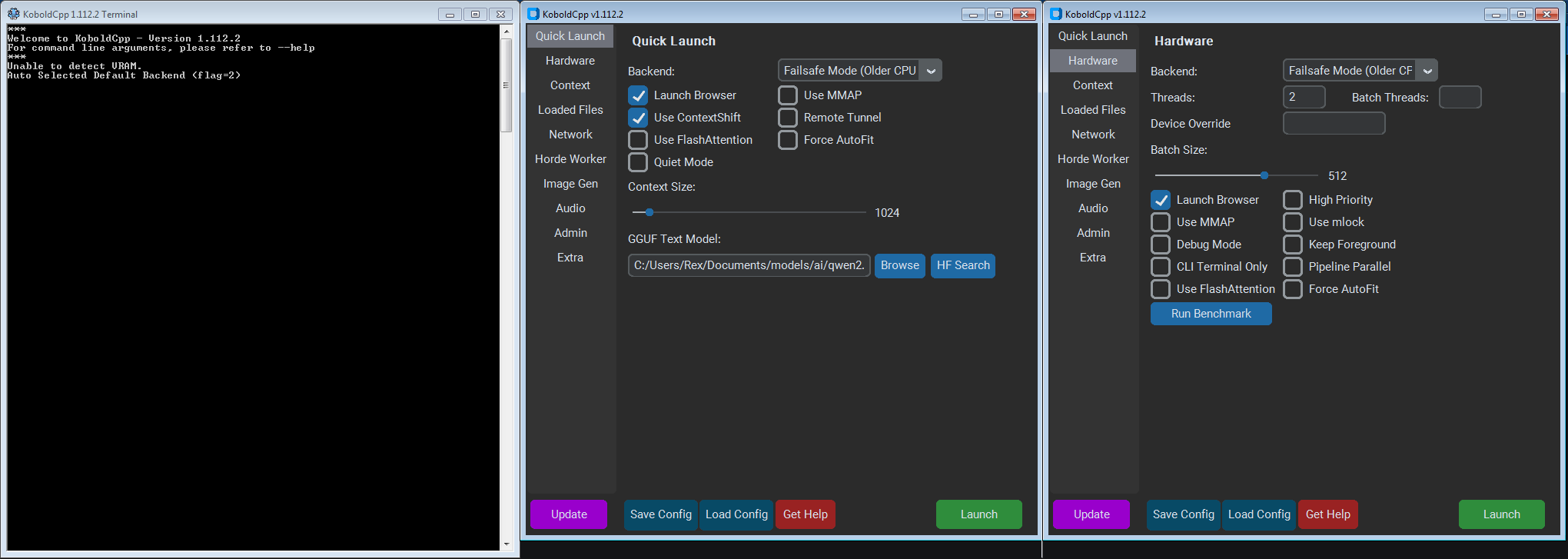 KoboldCPP screenshot showing settings for windows 7 64bit. No GPU