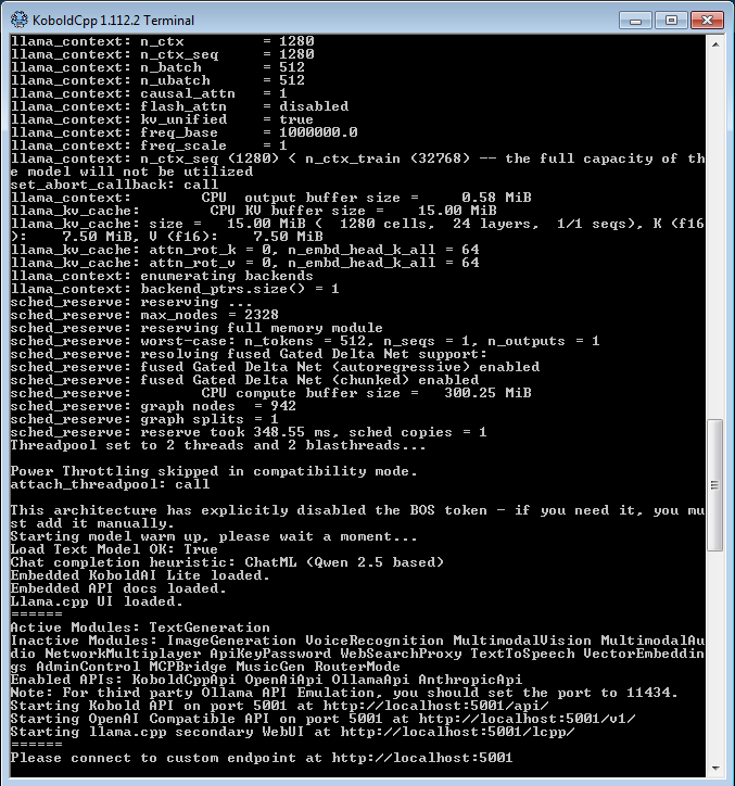 Screenshot showing the KoboldCPP terminal on startup
