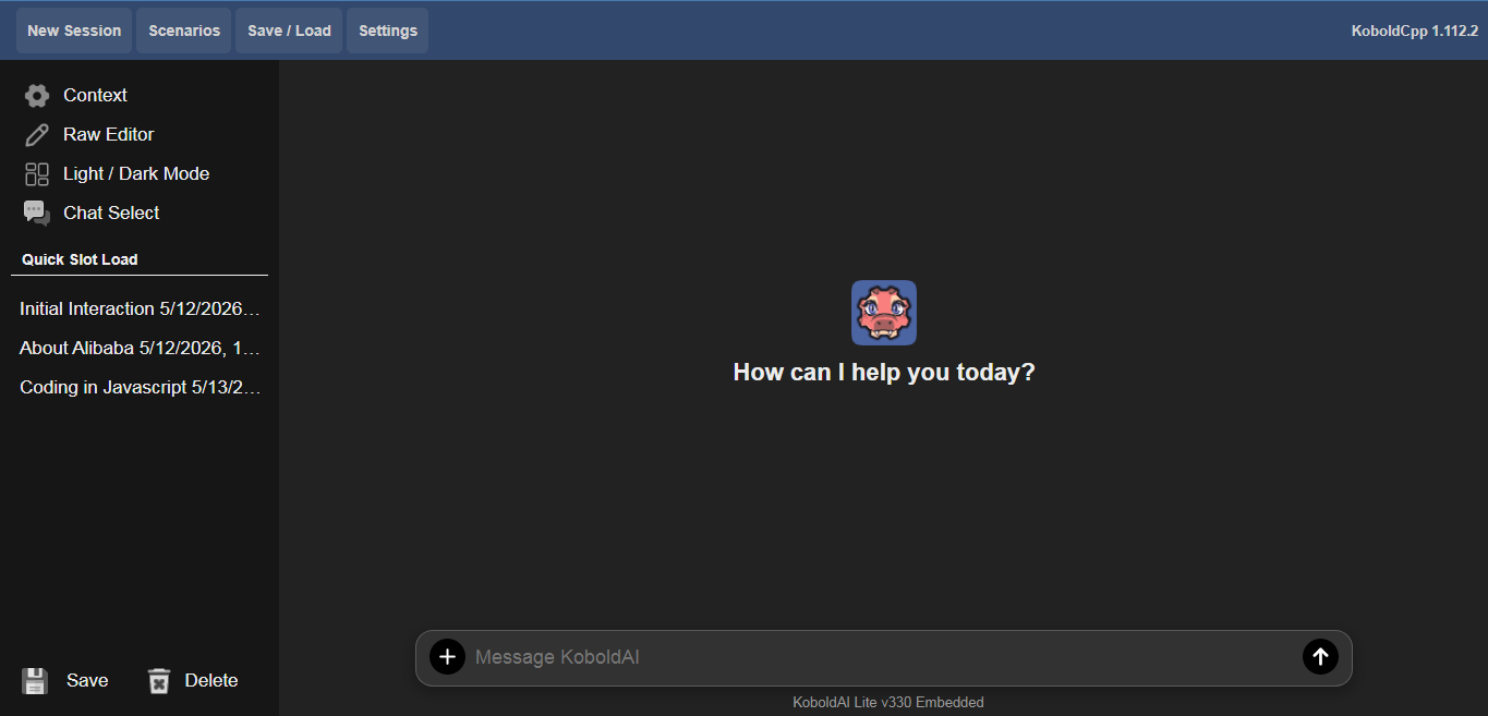 Screenshot showing the KoboldCPP welcome screen in http://localhost:5001