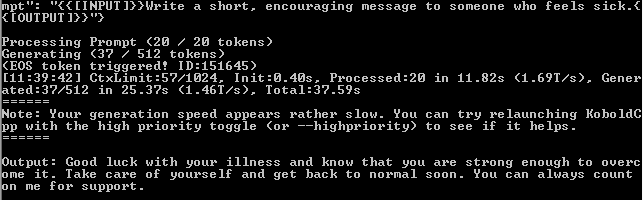 A screenshot of the terminal response for qwen's encouraging response to a sick person