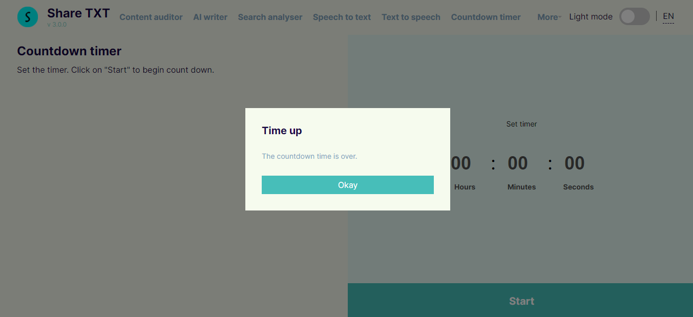 The countdown timer app by ShareTXT showing result