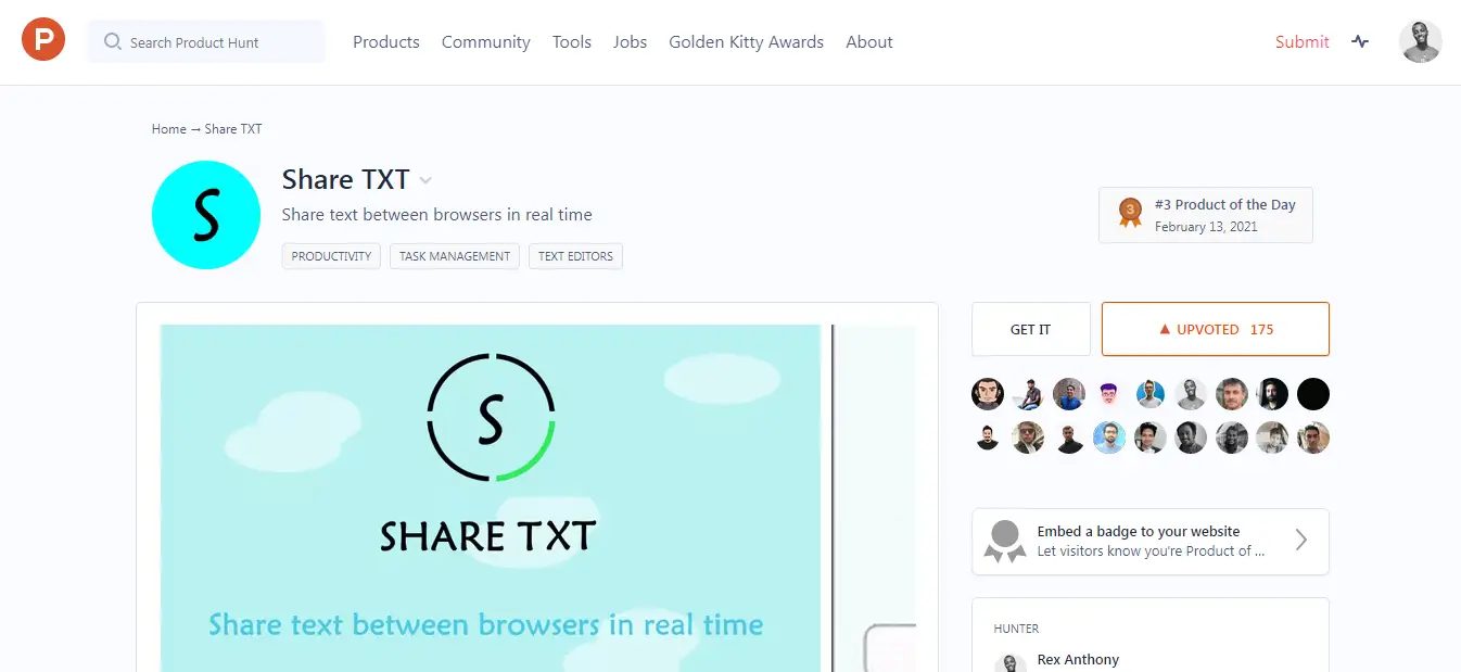 Showing ShareTXT producthunt page