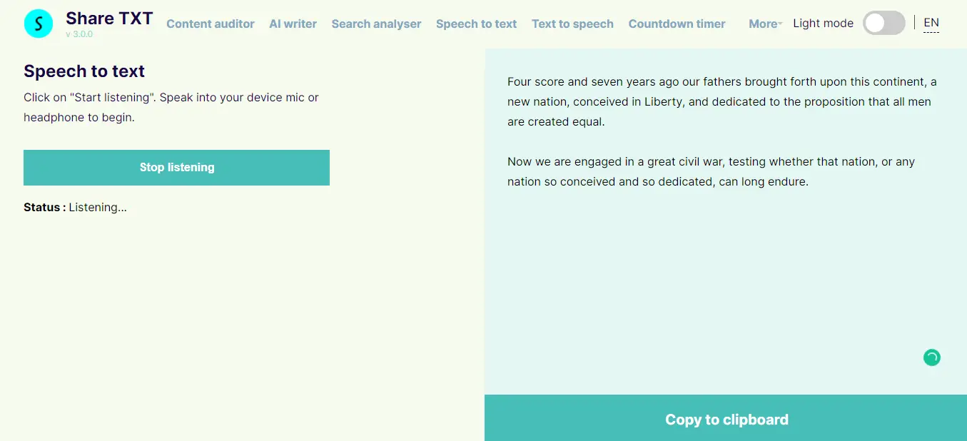 The speech to text tool by ShareTXT showing result