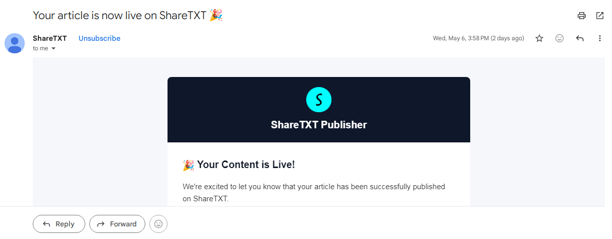 Screenshot of the Success Email Content