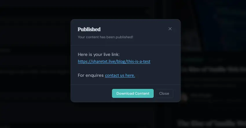 Screenshot of the Success Modal