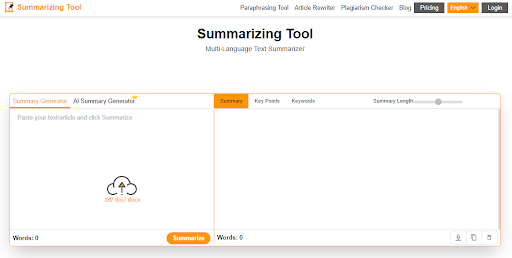 summarizingtool website ui