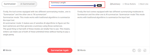 Summarizing tool adjust length