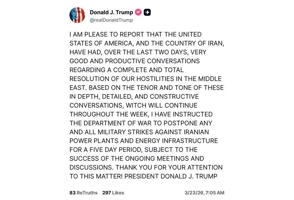 Trump postpones strikes on Iran's power plants