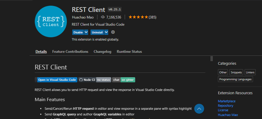 A screenshot showing the Rest Client VS code extension