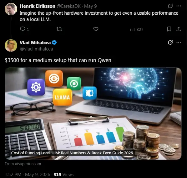 An X post suggesting that you need $3,500 for a local LLM setup